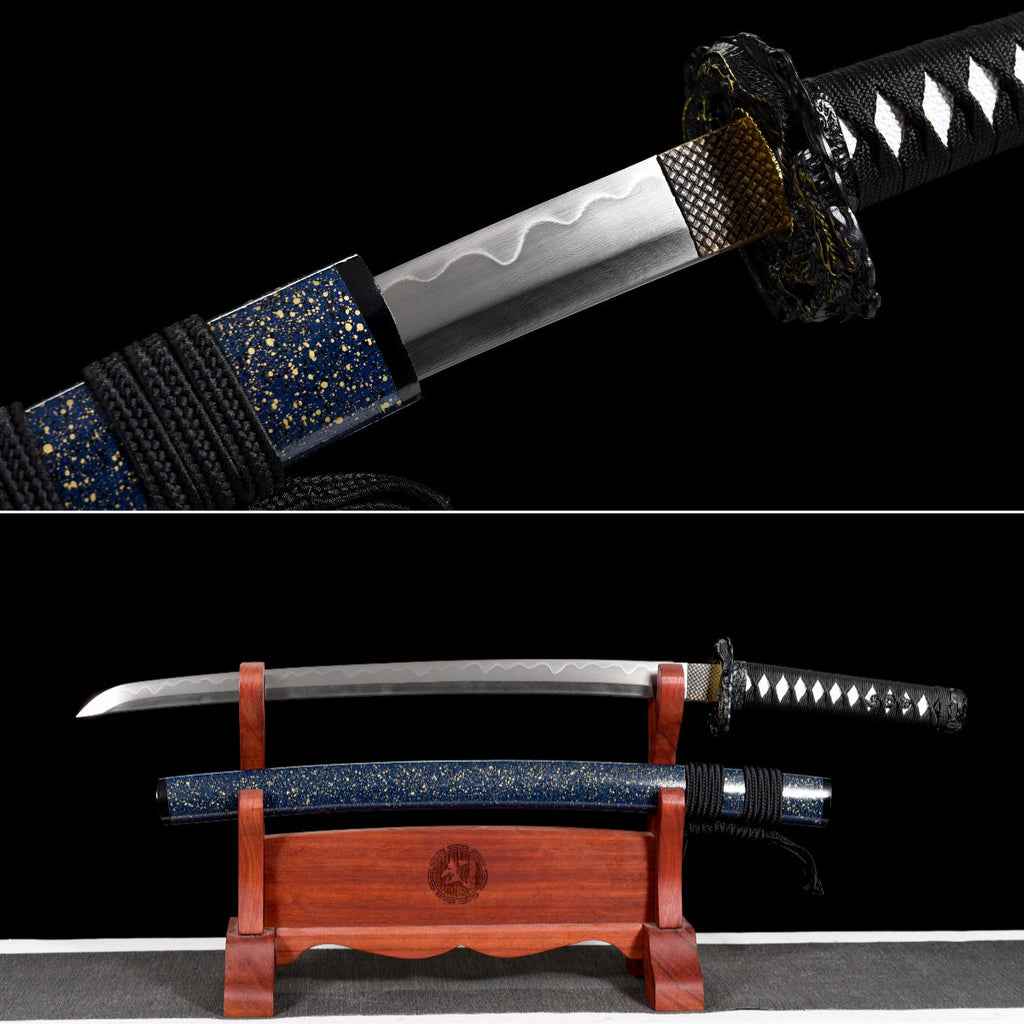 Handgefertigtes Full-Tang Wakizashi-Schwert, Damaszener Stahl, lehmgehärtete Klinge, blaue Scheide – 79 cm, echtes Katana-Schwert