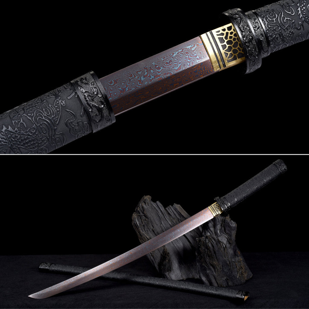 Handgefertigtes Wakizashi-Schwert aus rotem Damaszener Stahl mit schwarzer Lederscheide – 79 cm, echtes Katana-Schwert