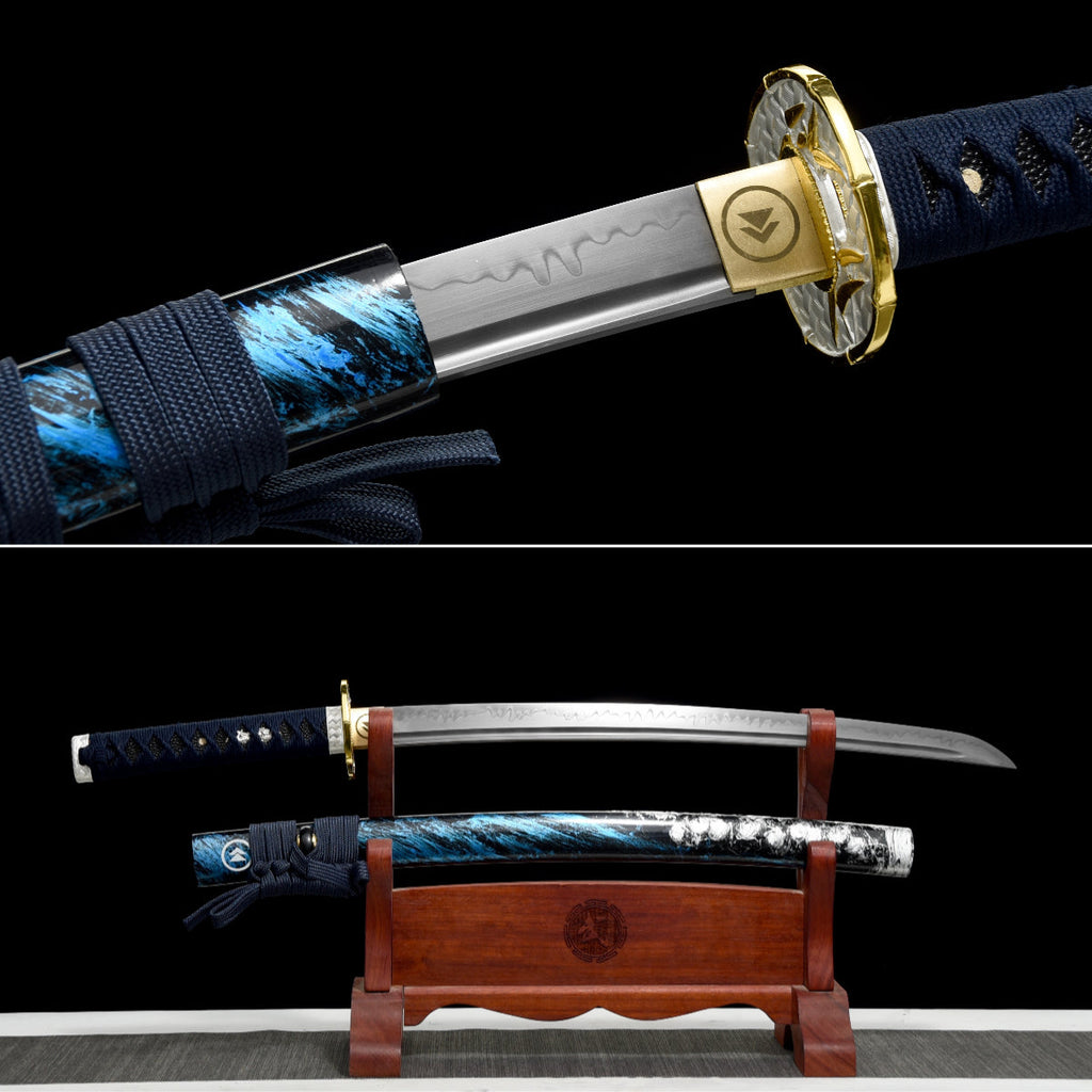 Handgefertigtes Full-Tang-Wakizashi-Schwert, Klinge aus T10-Kohlenstoffstahl, lehmgehärtet, blaue Scheide – 79 cm, echtes Katana-Schwert
