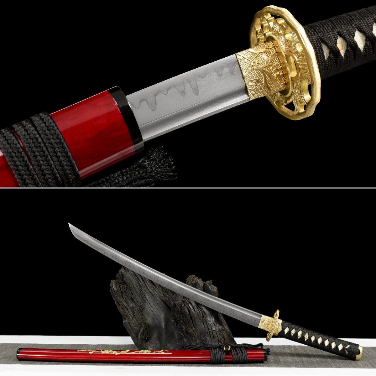 Handgefertigtes Full-Tang-Wakizashi-Schwert aus T10-Kohlenstoffstahl, lehmgehärtete Klinge, rot bedruckte Scheide – 79 cm, echtes Katana-Schwert