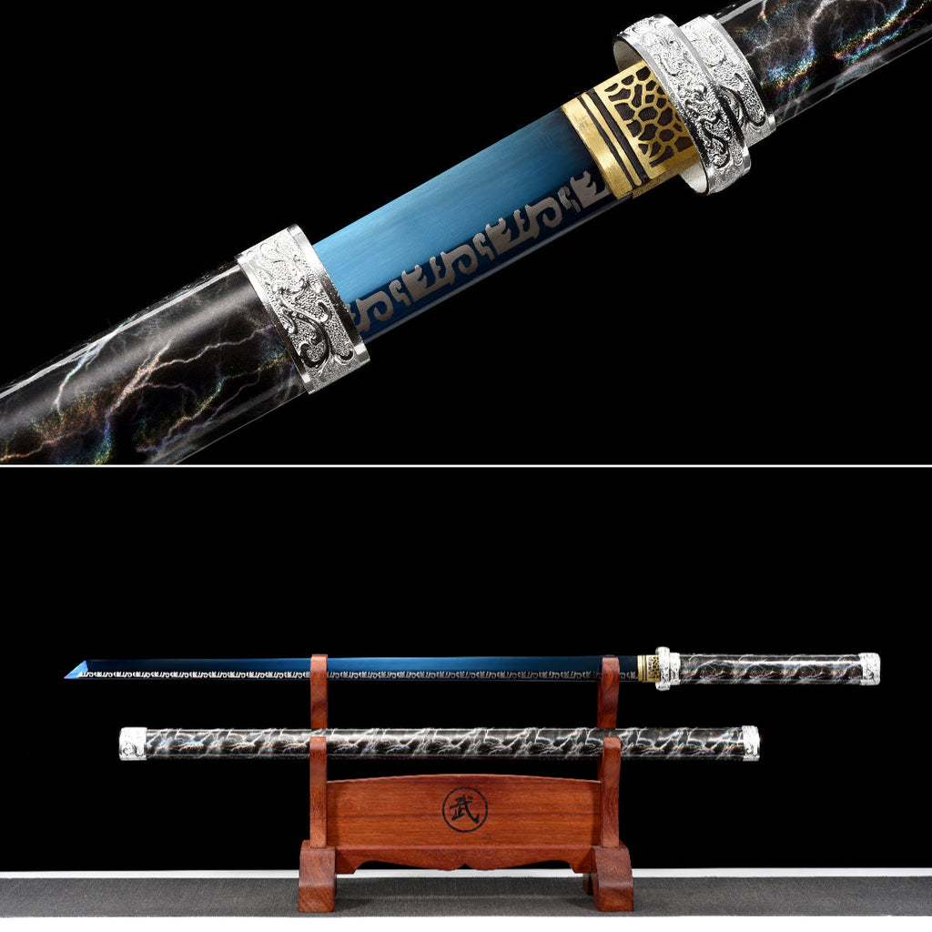 Handgefertigtes Ninja-Schwert, Manganstahl, blaue Klinge, Full Tang, Scheide mit blauem Blitz-Motiv – 104 cm, echtes Katana-Schwert