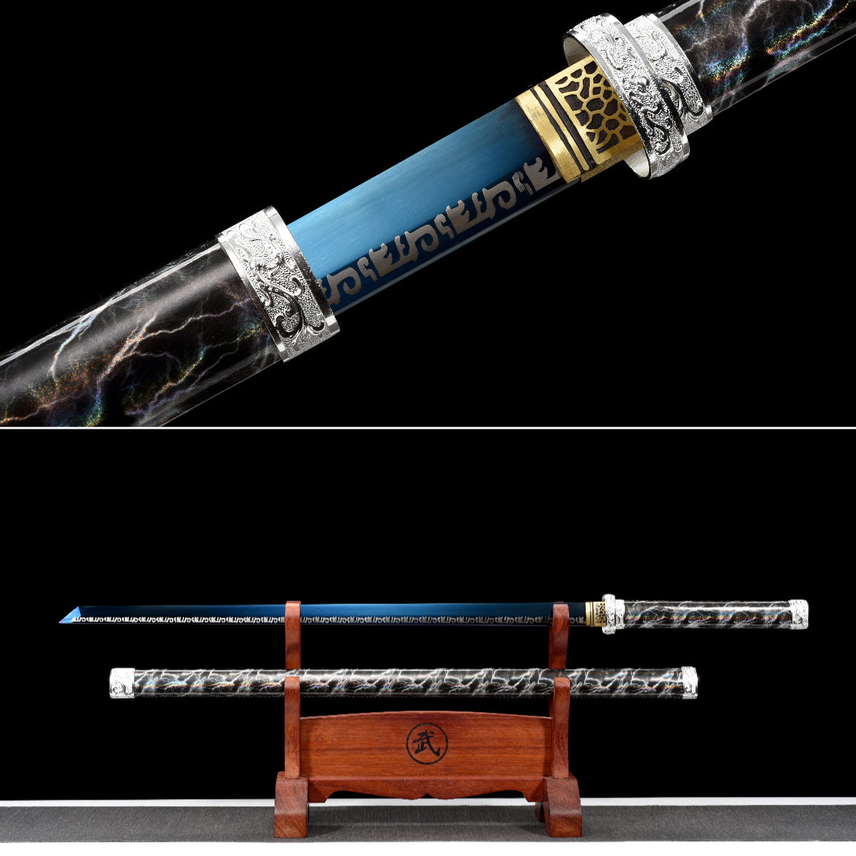 Handgefertigtes Ninja-Schwert, Manganstahl, blaue Klinge, Full Tang, Scheide mit blauem Blitz-Motiv – 104 cm, echtes Katana-Schwert