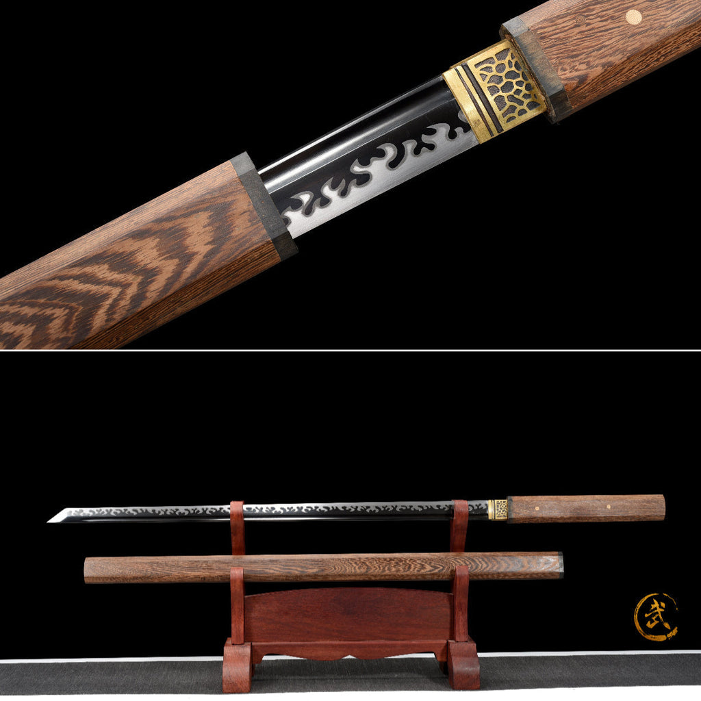 Handgefertigtes Ninja-Schwert, Klinge aus Manganstahl, Full-Tang, goldene Lederscheide - 107 cm, echtes Katana-Schwert