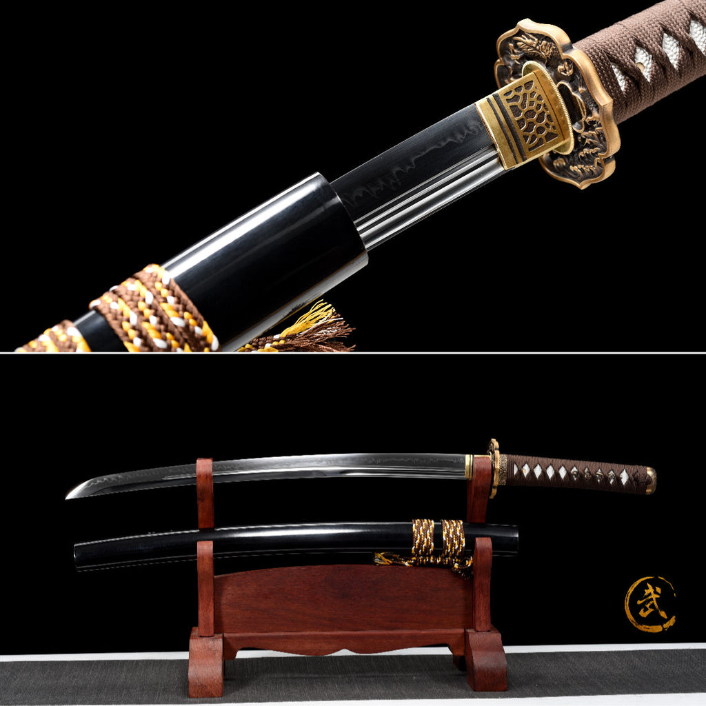Handgefertigtes Full-Tang-Wakizashi-Schwert, T10-Stahl, Unokubi-Zukuri-Klingenstil, lehmgehärtete Klinge, schwarz bedruckte Scheide - 79 cm, echtes Katana-Schwert