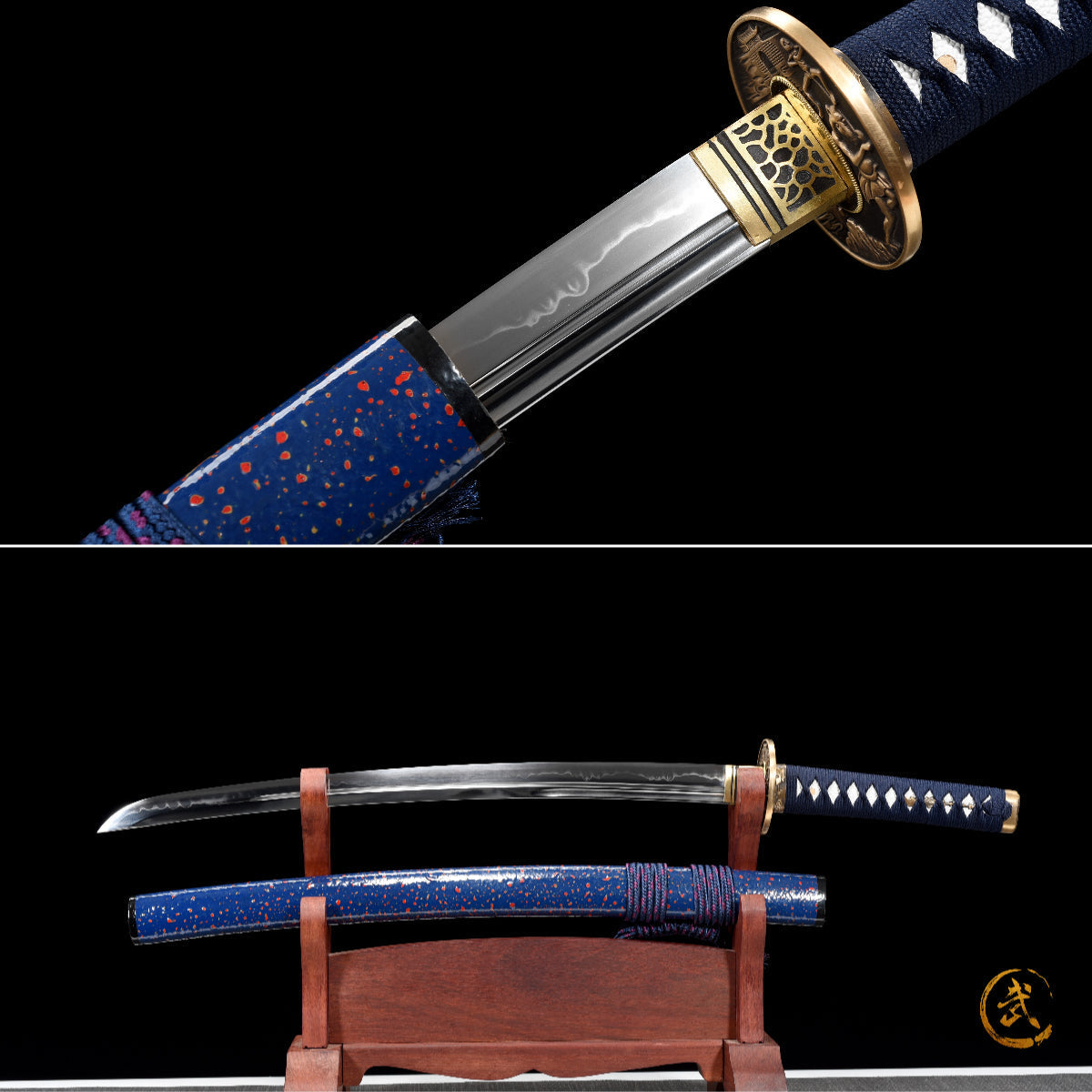 Handgefertigtes Full-Tang-Wakizashi-Schwert, Klinge aus T10-Kohlenstoffstahl, differenziell gehärtet, blau gepunktete Scheide – 79 cm, echtes Katana-Schwert