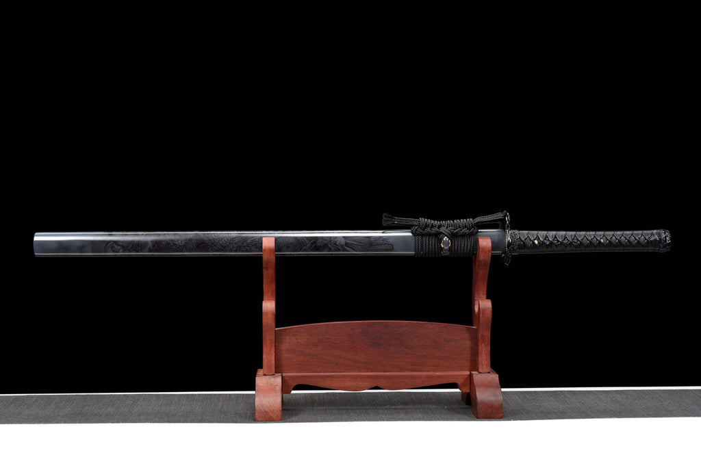 Handgefertigtes Ninjato-Schwert, 1095 Kohlenstoffstahl, Full Tang, schwarze Klinge, echtes Katana-Schwert