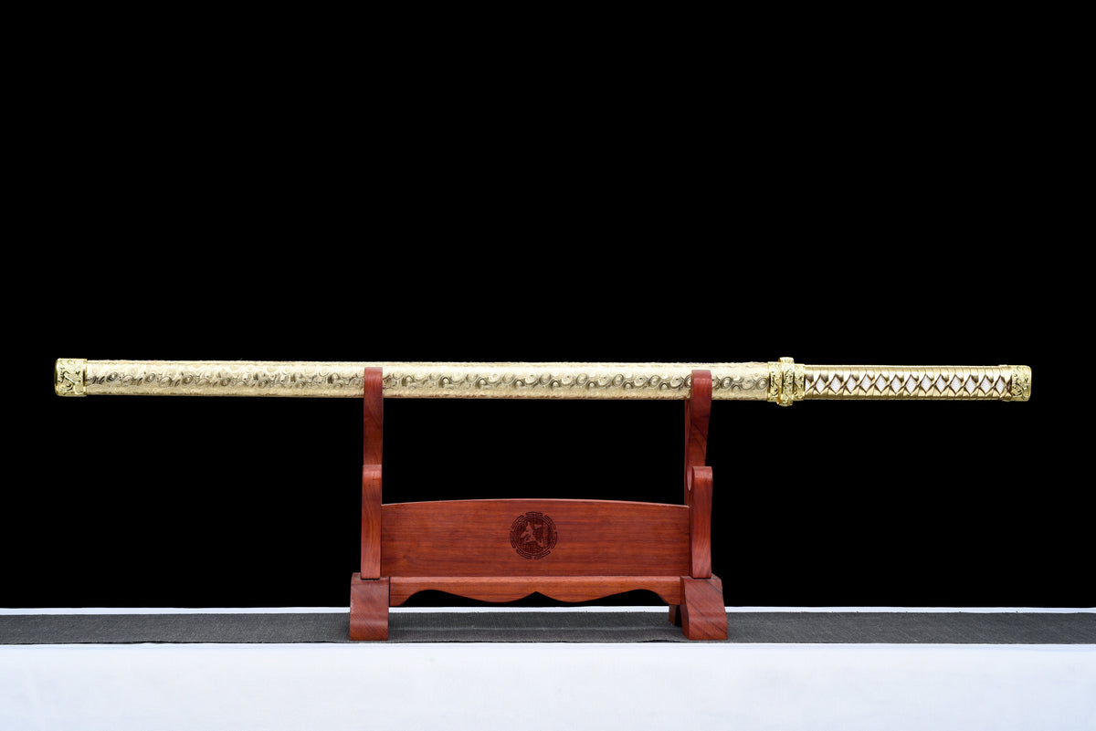 Handgefertigtes Ninja-Schwert, Klinge aus Manganstahl, Full Tang, goldene Scheide – 104 cm, echtes Katana-Schwert