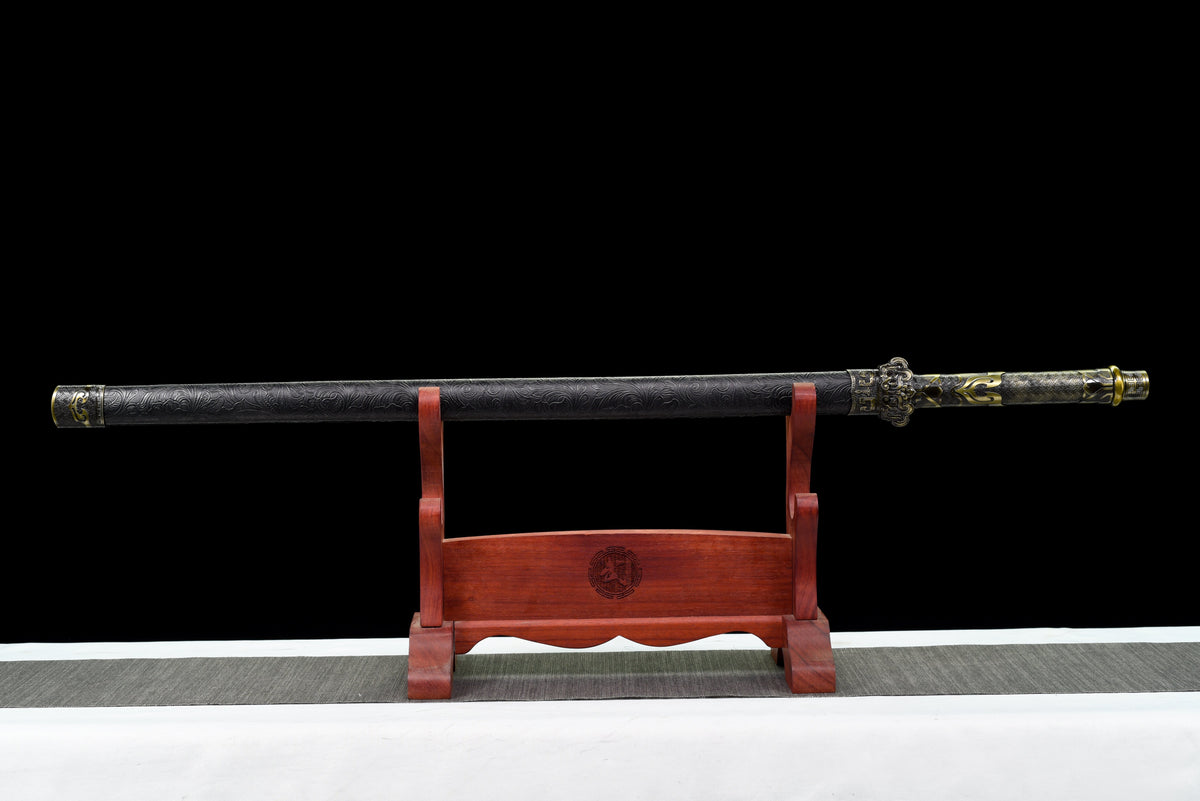 Handgefertigtes Ninjato-Schwert, Federstahl, schwarze Klinge, Full Tang, schwarze Scheide - 100,8 cm, echtes Katana-Schwert