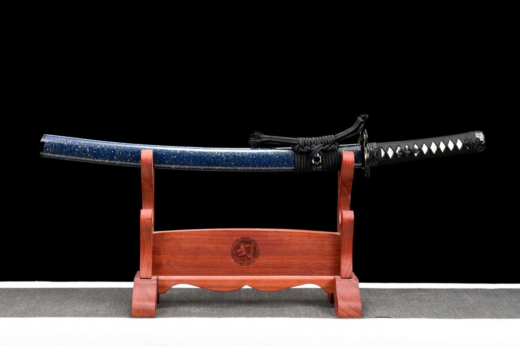 Handgefertigtes Full-Tang Wakizashi-Schwert, Damaszener Stahl, lehmgehärtete Klinge, blaue Scheide – 79 cm, echtes Katana-Schwert