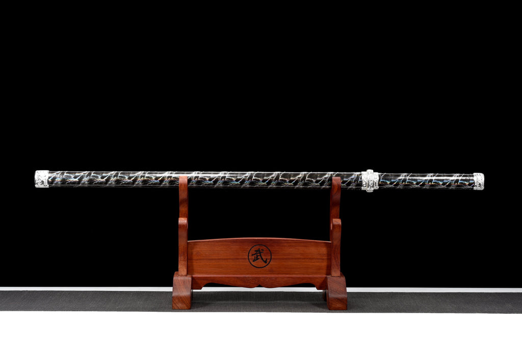Handgefertigtes Ninja-Schwert, Manganstahl, blaue Klinge, Full Tang, Scheide mit blauem Blitz-Motiv – 104 cm, echtes Katana-Schwert