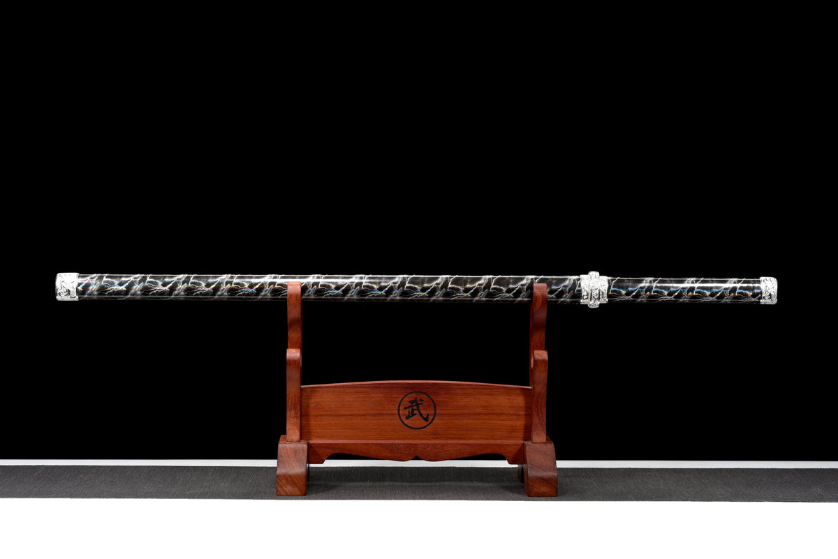 Handgefertigtes Ninja-Schwert, Manganstahl, blaue Klinge, Full Tang, Scheide mit blauem Blitz-Motiv – 104 cm, echtes Katana-Schwert