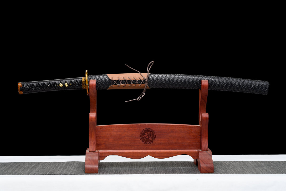 Handgefertigtes Wakizashi-Schwert aus Manganstahl mit schwarzer Lederscheide – 79 cm, echtes Katana-Schwert
