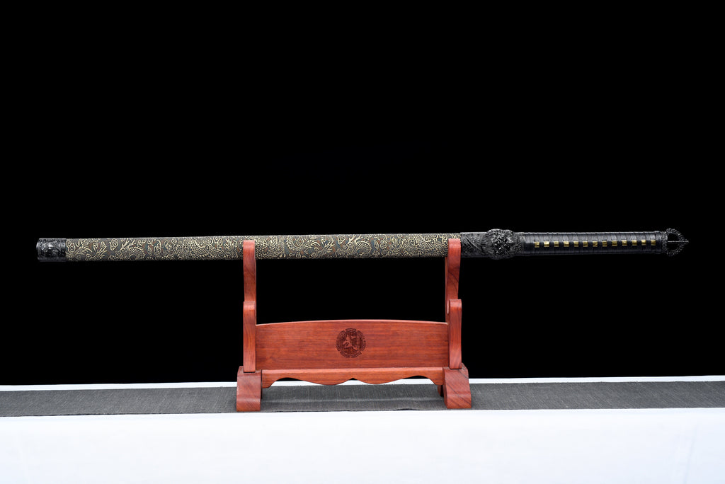 Handgefertigtes Ninjato-Schwert aus Damaszener Stahl, Full Tang, goldene Lederscheide mit schwarzer Kordelwicklung, echtes Katana-Schwert