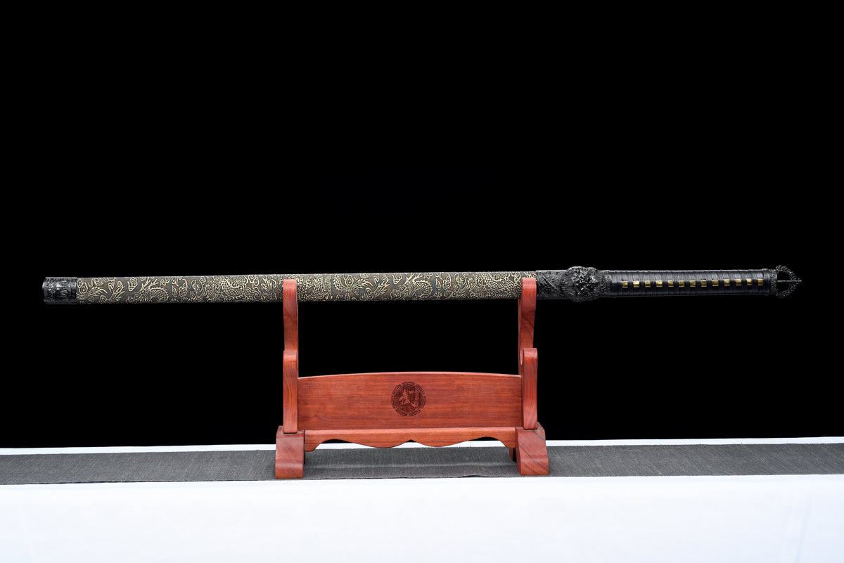 Handgefertigtes Ninjato-Schwert aus Damaszener Stahl, Full Tang, goldene Lederscheide mit schwarzer Kordelwicklung, echtes Katana-Schwert