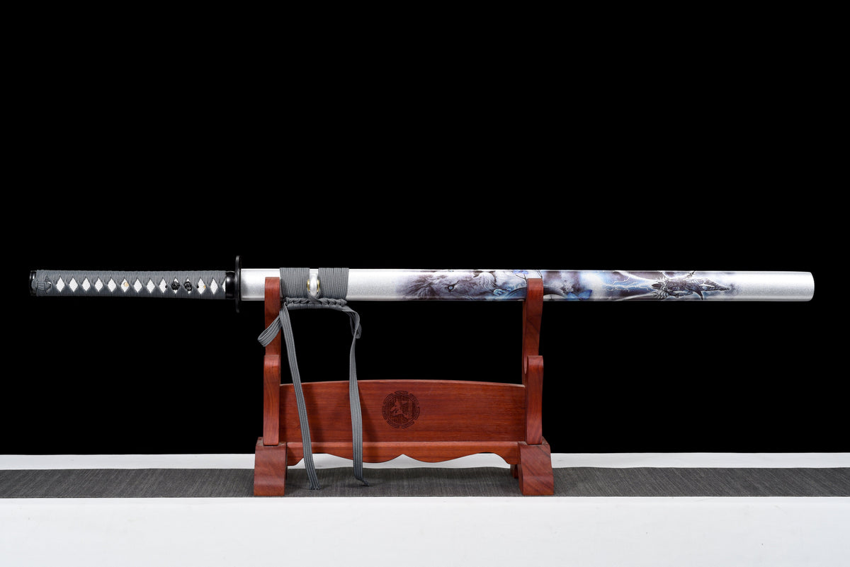 Handgefertigtes Ninjato-Schwert, schwarzer Damaszenerstahl, Full Tang, Scheide mit weißem Aufdruck, graues Griffband, weiße Rochenhaut – 104 cm, echtes Katana-Schwert
