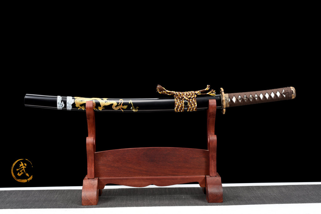 Handgefertigtes Full-Tang-Wakizashi-Schwert, T10-Stahl, Unokubi-Zukuri-Klingenstil, lehmgehärtete Klinge, schwarz bedruckte Scheide - 79 cm, echtes Katana-Schwert