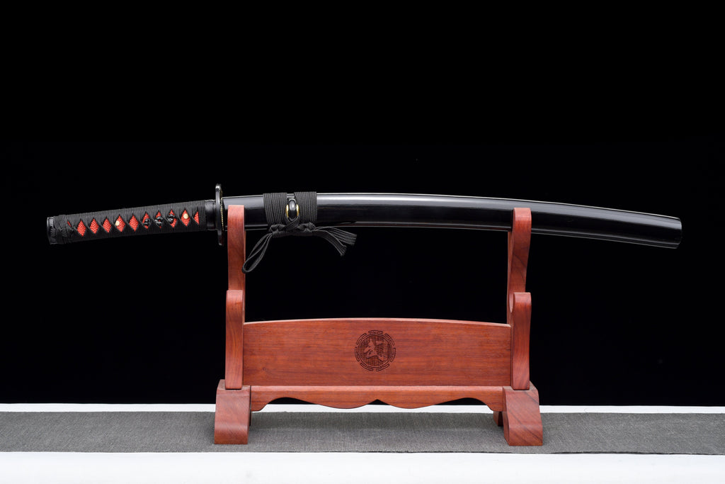 Handgefertigtes Wakizashi-Schwert aus 1045 Kohlenstoffstahl mit schwarzer Scheide – 79 cm, echtes Katana-Schwert