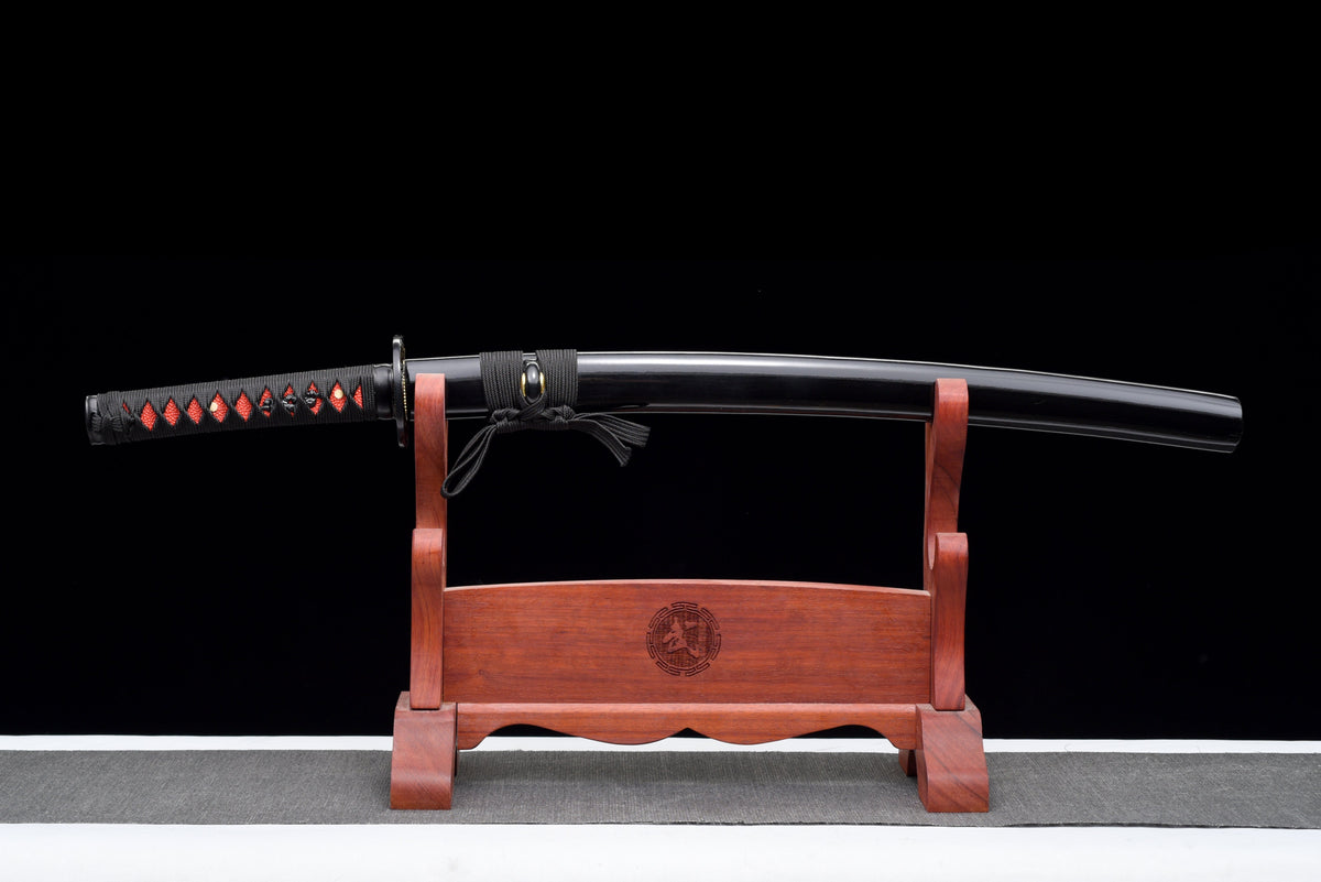 Handgefertigtes Wakizashi-Schwert aus 1045 Kohlenstoffstahl mit schwarzer Scheide – 79 cm, echtes Katana-Schwert