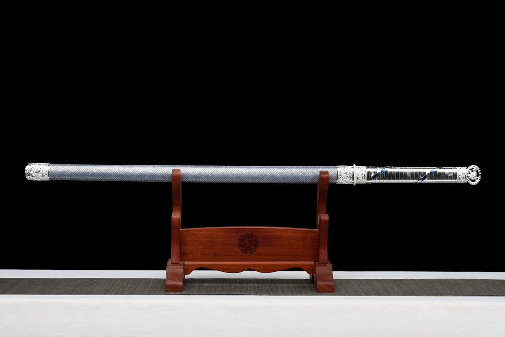 Handgefertigtes Ninja-Schwert, Manganstahl, blaue Klinge, Full Tang, blau bedruckte Scheide - 104 cm, echtes Katana-Schwert