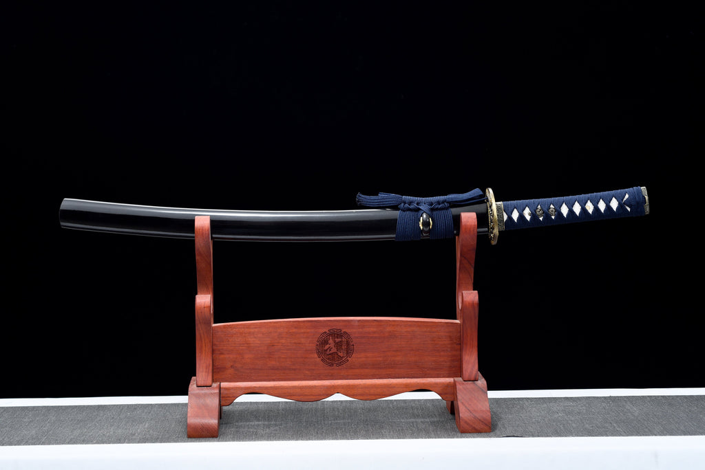 Handgefertigtes Wakizashi-Schwert aus 1045 Kohlenstoffstahl mit blauer Scheide – 31 Zoll, echtes Katana-Schwert