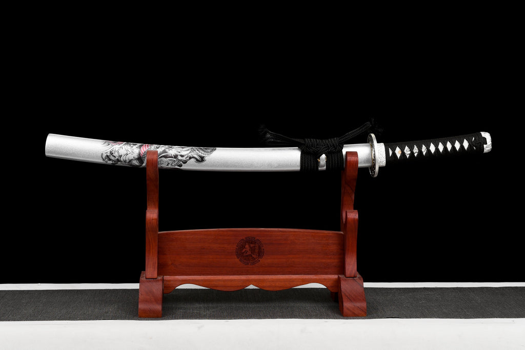 Handgefertigtes Wakizashi-Schwert aus Damaszenerstahl mit weißer Lederscheide – 79 cm, echtes Katana-Schwert