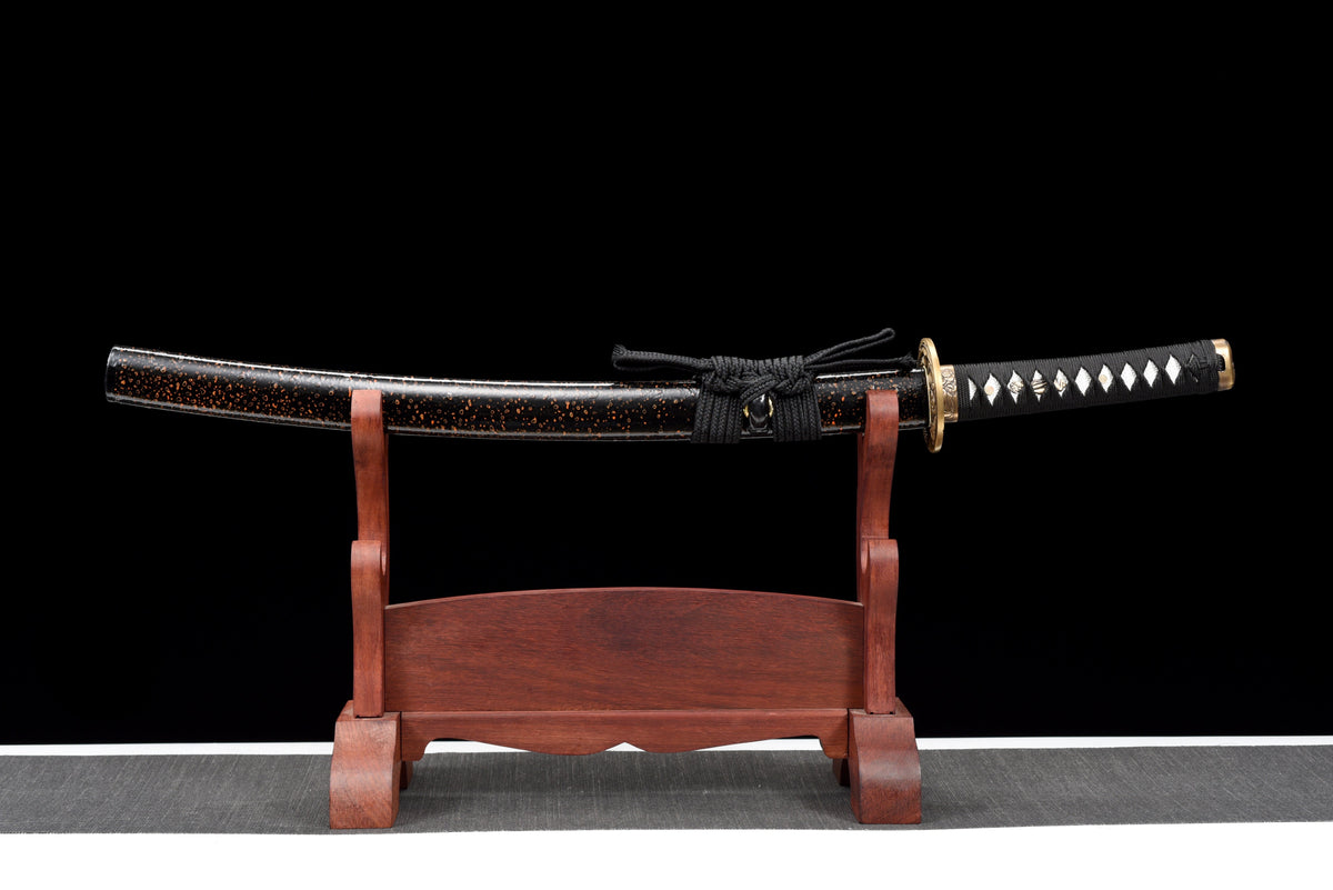 Handgefertigtes Wakizashi-Schwert, blauer Damaszener-Stahl mit schwarzer Scheide – 79 cm, echtes Katana-Schwert