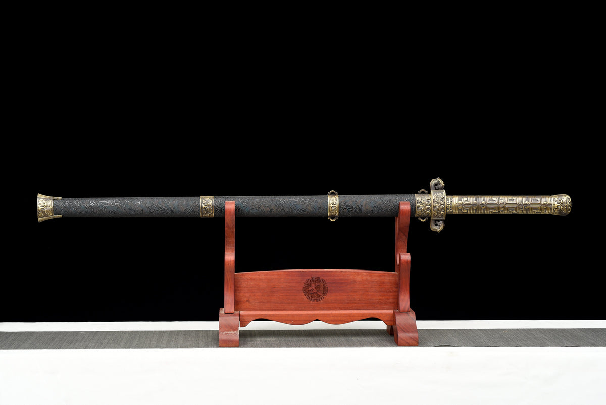 Handgefertigtes Schwert im chinesischen Stil, 1045 Kohlenstoffstahl, Full Tang, schwarze Lederscheide und Griff aus Legierung - 107 cm, echtes Katana-Schwert