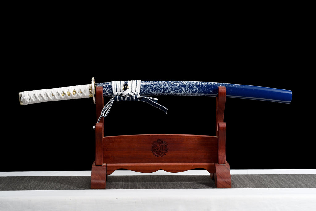 Handgefertigtes Full-Tang-Wakizashi-Schwert, Klinge aus T10-Kohlenstoffstahl, lehmgehärtet, blaue Scheide – 79 cm, echtes Katana-Schwert