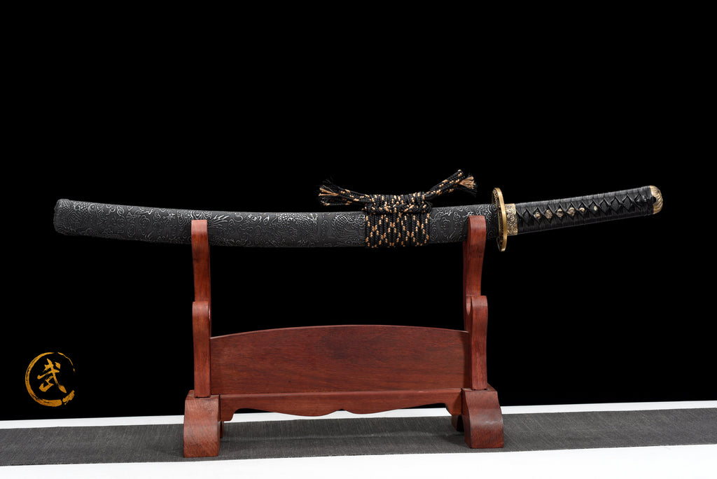 Handgefertigtes Wakizashi-Schwert aus rotem Damaszener Stahl mit schwarzer Lederscheide – 79 cm, echtes Katana-Schwert