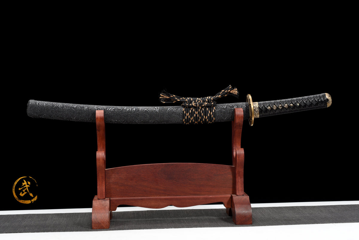 Handgefertigtes Wakizashi-Schwert aus rotem Damaszener Stahl mit schwarzer Lederscheide – 79 cm, echtes Katana-Schwert