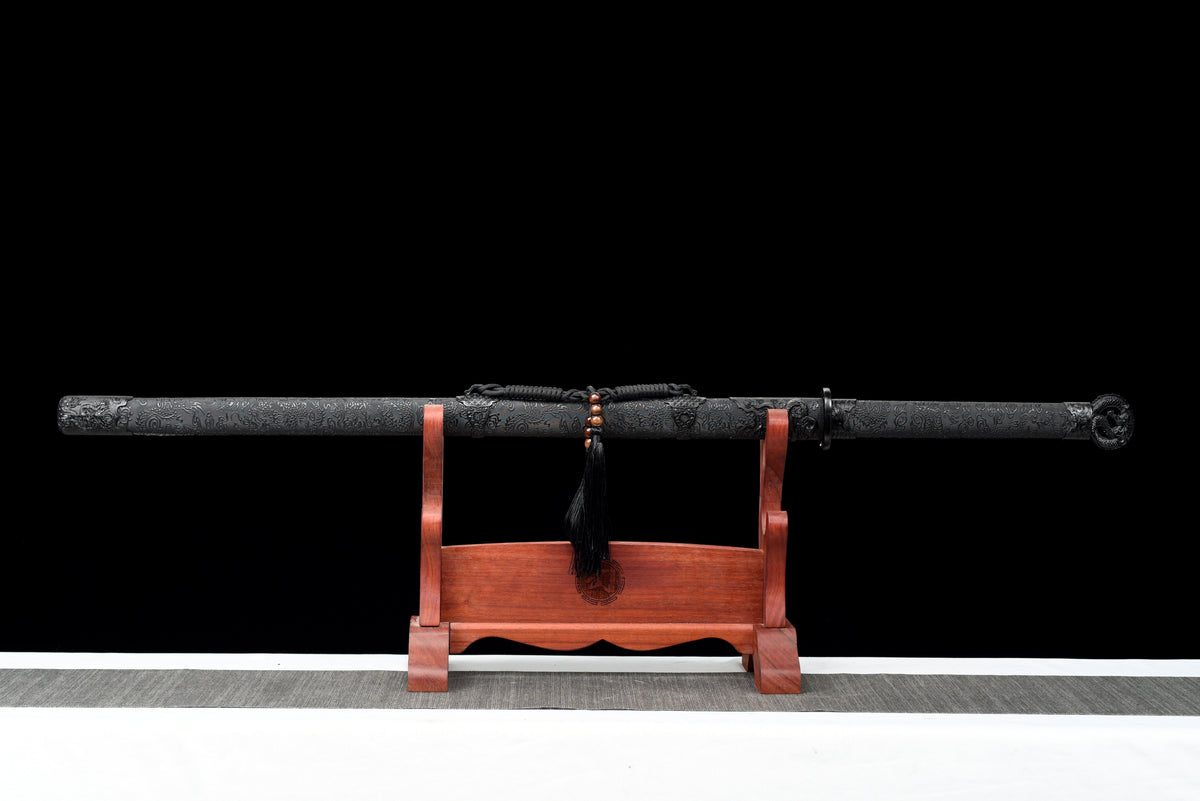 Handgefertigtes Ninjato-Schwert, Federstahl, Full Tang, schwarze Scheide - 107 cm, echtes Katana-Schwert