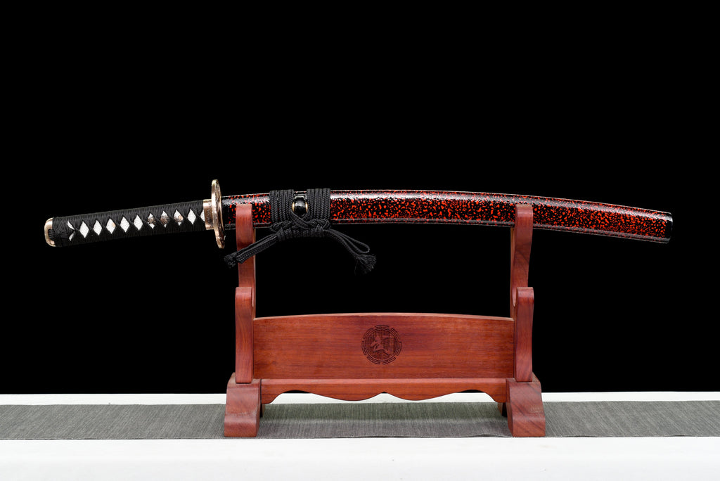 Handgefertigtes Full Tang Wakizashi-Schwert, T10-Kohlen stoffstahl, lehmgehärtete Klinge, rot gefleckte Scheide - 79 cm, echtes Katana-Schwert