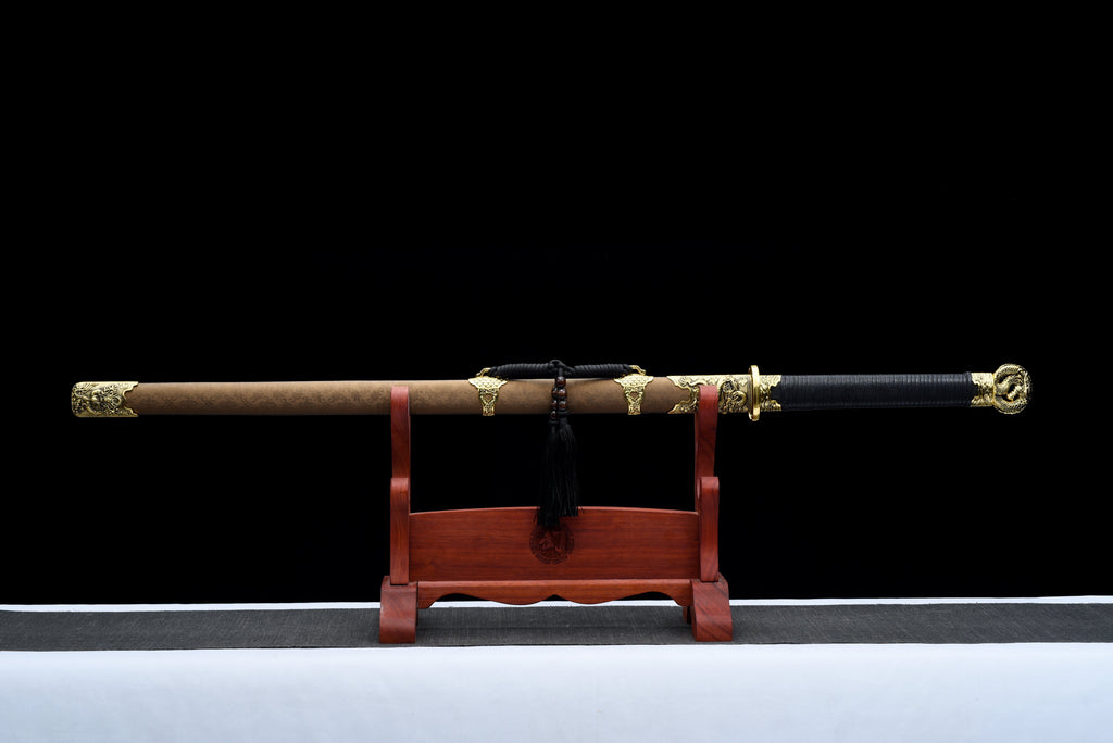 Handgefertigtes Ninja-Schwert, Klinge aus Manganstahl, Full Tang, goldene Lederscheide – 107 cm, echtes Katana-Schwert