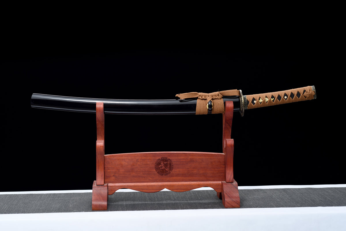 Handgefertigtes Wakizashi-Schwert aus 1045er Kohlenstoffstahl mit schwarzer Scheide – 79 cm, echtes Katana-Schwert