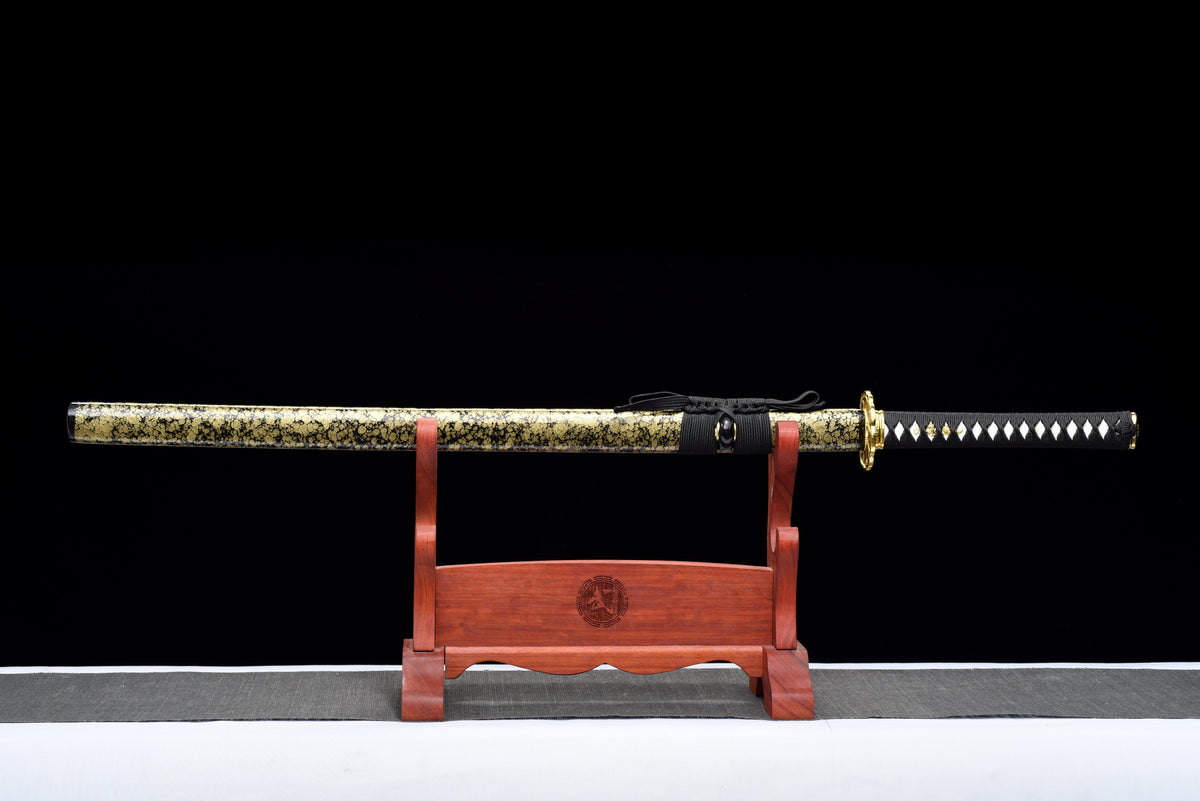 Handgefertigtes Ninja-Schwert, T10-Stahl, echte Hamon-Klinge, Full Tang, goldene Scheide – 104 cm