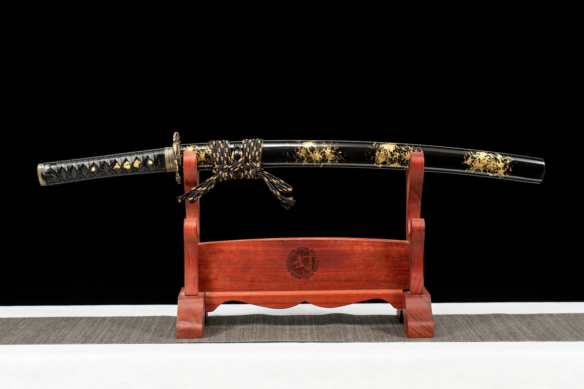 Handgefertigtes Full-Tang-Wakizashi-Schwert, Damaststahl, lehmgehärtete Klinge, schwarz bedruckte Scheide – 31 Zoll, echtes Katana-Schwert