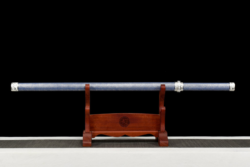 Handgefertigtes Ninja-Schwert, Manganstahl, blaue Klinge, Full-Tang, blau bedruckte Scheide – 104 cm, echtes Katana-Schwert