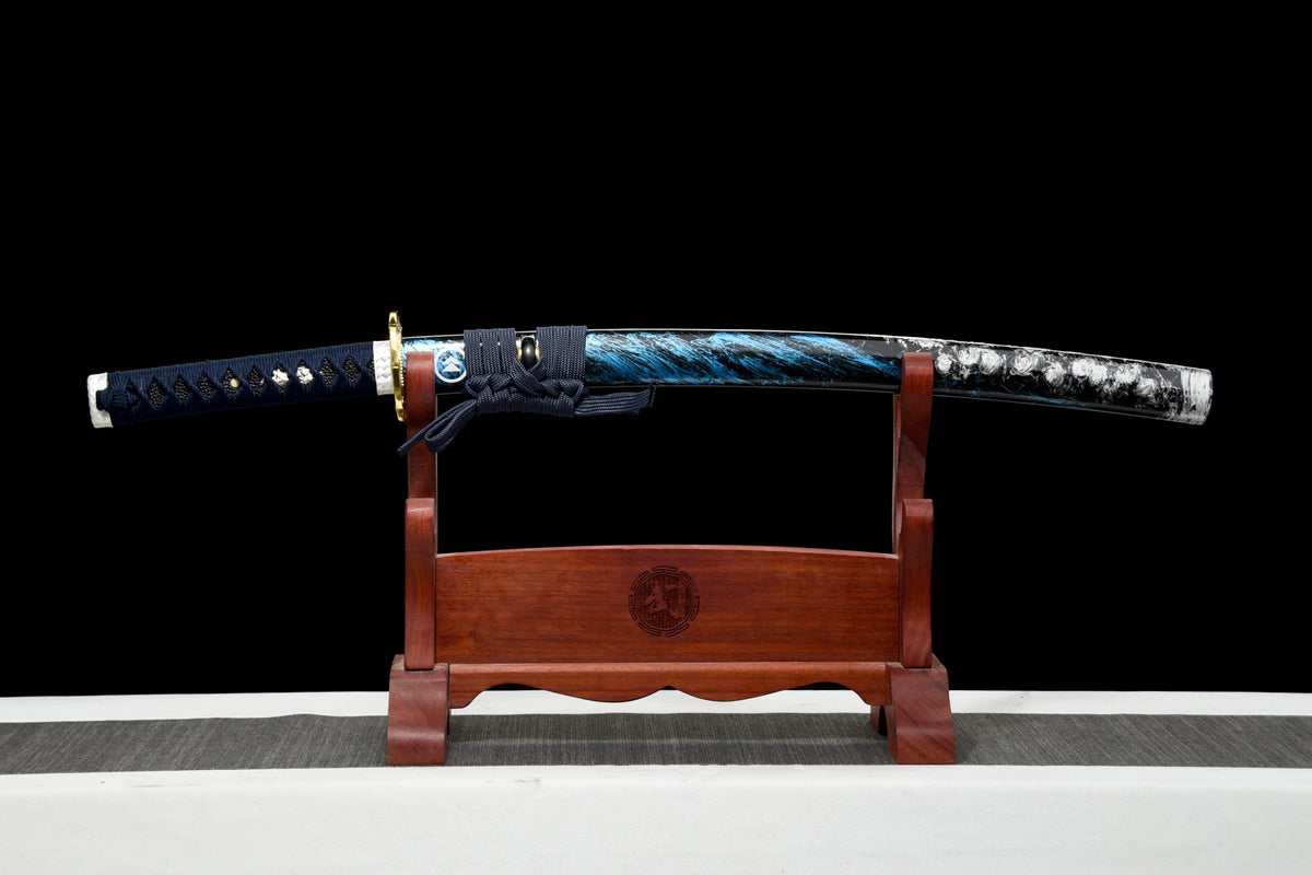 Handgefertigtes Full-Tang-Wakizashi-Schwert, Klinge aus T10-Kohlenstoffstahl, lehmgehärtet, blaue Scheide – 79 cm, echtes Katana-Schwert