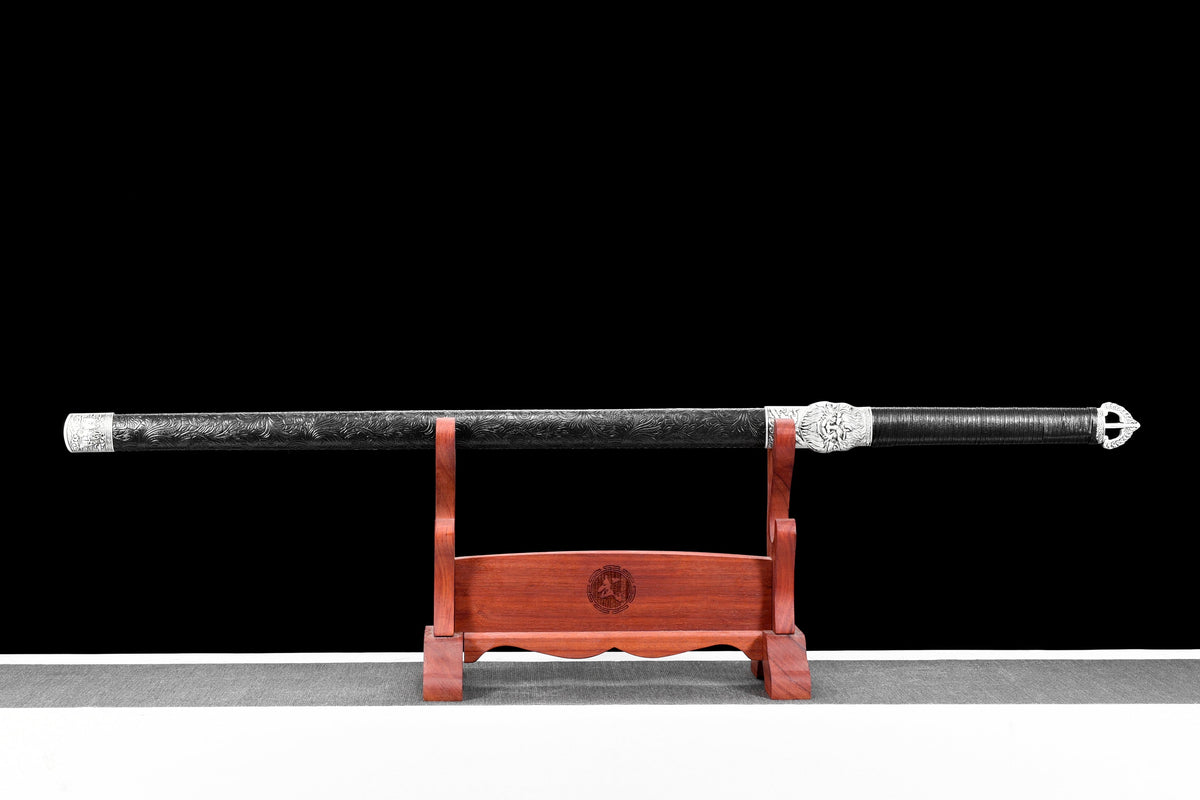 Handgefertigtes Ninja-Schwert, Federstahl, blaue Klinge, Full Tang, schwarze Lederscheide – 107 cm, echtes Katana-Schwert