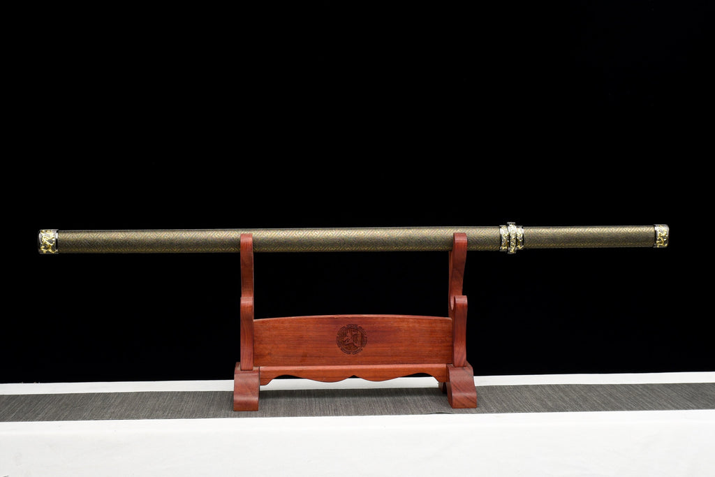 Handgefertigtes Ninjato-Schwert, roter Damaszener-Stahl, Full Tang, Lederscheide und Griff aus Holz mit Lederumwicklung – 104 cm, echtes Katana-Schwert