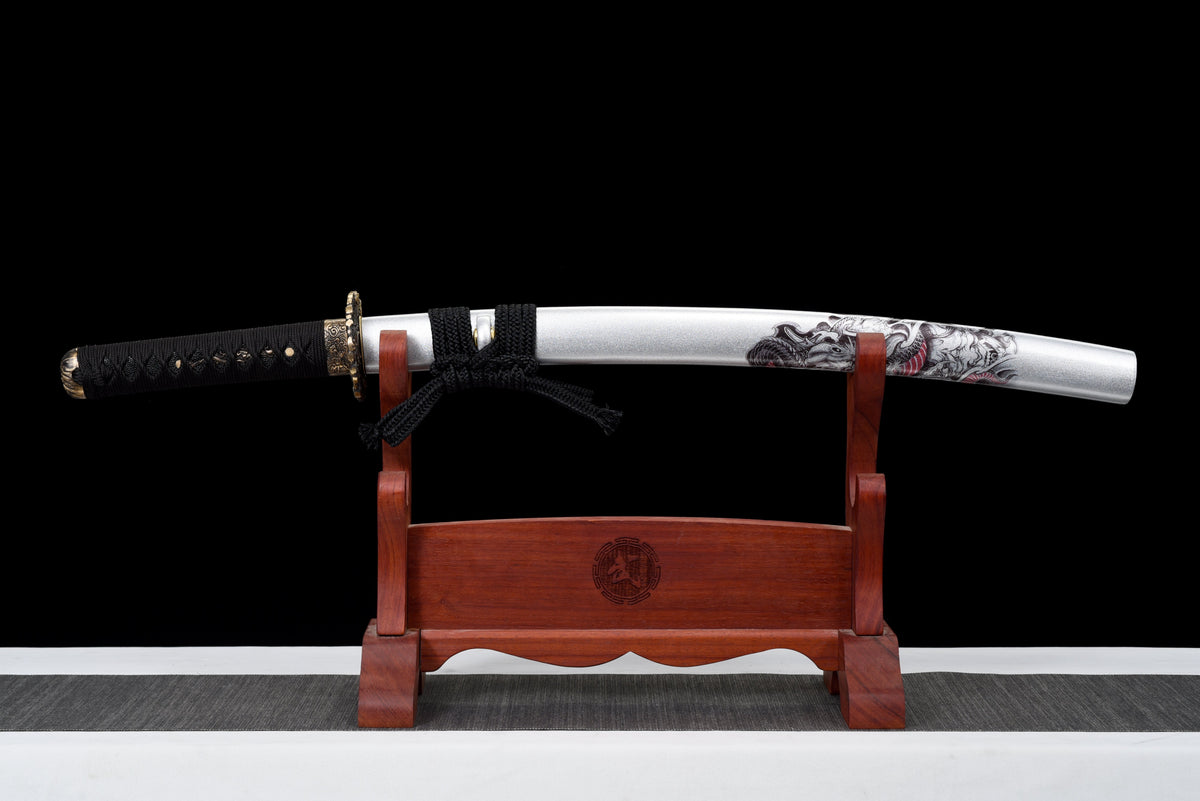 Handgefertigtes Wakizashi-Schwert aus rotem Damaststahl mit weißer Lederscheide – 79 cm, echtes Katana-Schwert