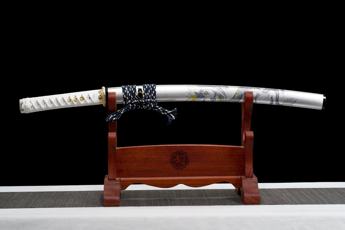 Handgefertigtes Full-Tang-Wakizashi-Schwert, Damaszener Stahl, lehmgehärtete Klinge, weiß bedruckte Scheide – 79 cm, echtes Katana-Schwert