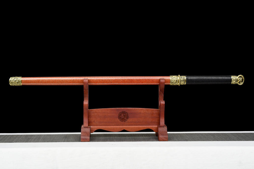 Handgefertigtes Ninja-Schwert, Federstahl, Klinge mit Schnitzmuster, Full Tang, rote Scheide mit Punkt – 42 Zoll, echtes Katana-Schwert