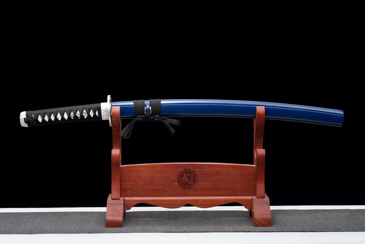 Handgefertigtes Wakizashi-Schwert aus 1045 Kohlenstoffstahl mit blauer Scheide – 79 cm, echtes Katana-Schwert
