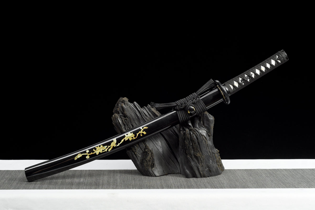 Handmade Wakizashi Sword Black Damascus steel With Black Scabbard - 31 in,Real katana sowrd