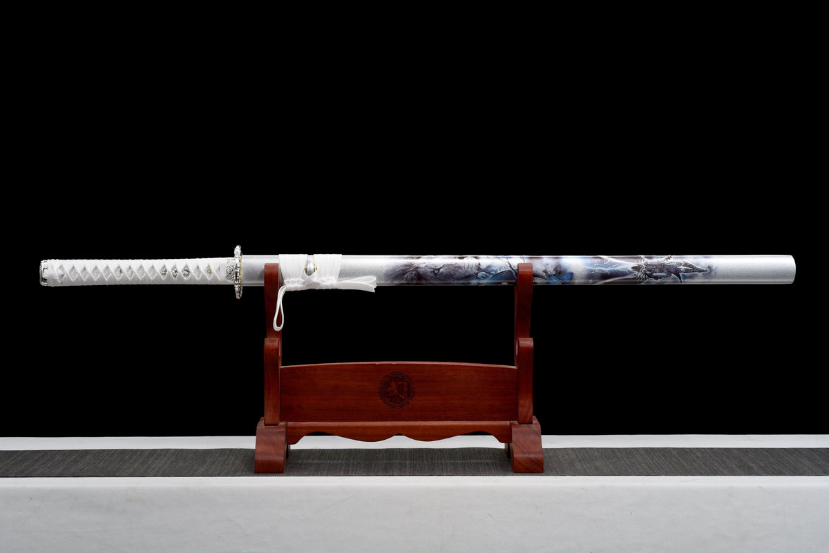 Handgefertigtes Ninja-Schwert, Klinge aus Federstahl, Full Tang, weiß bedruckte Scheide - 104 cm, echtes Katana-Schwert