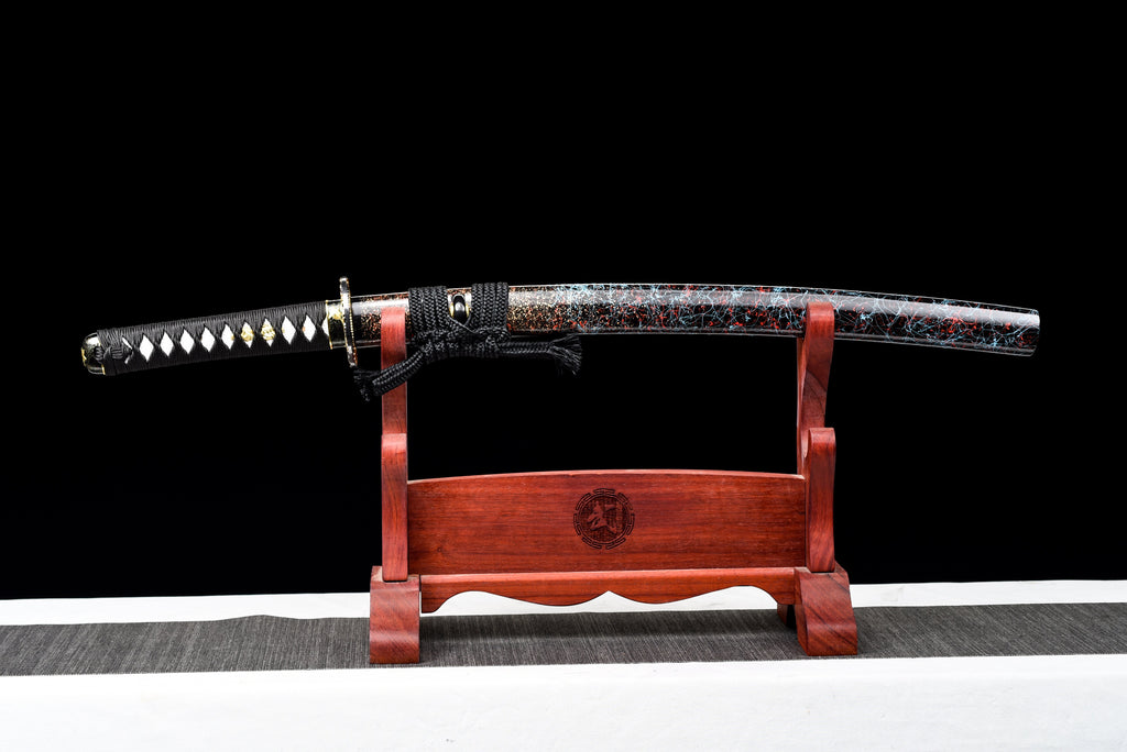 Handgefertigtes Wakizashi-Schwert, roter Damaszenerstahl mit Chroma-Scheide - 79 cm, echtes Katana-Schwert