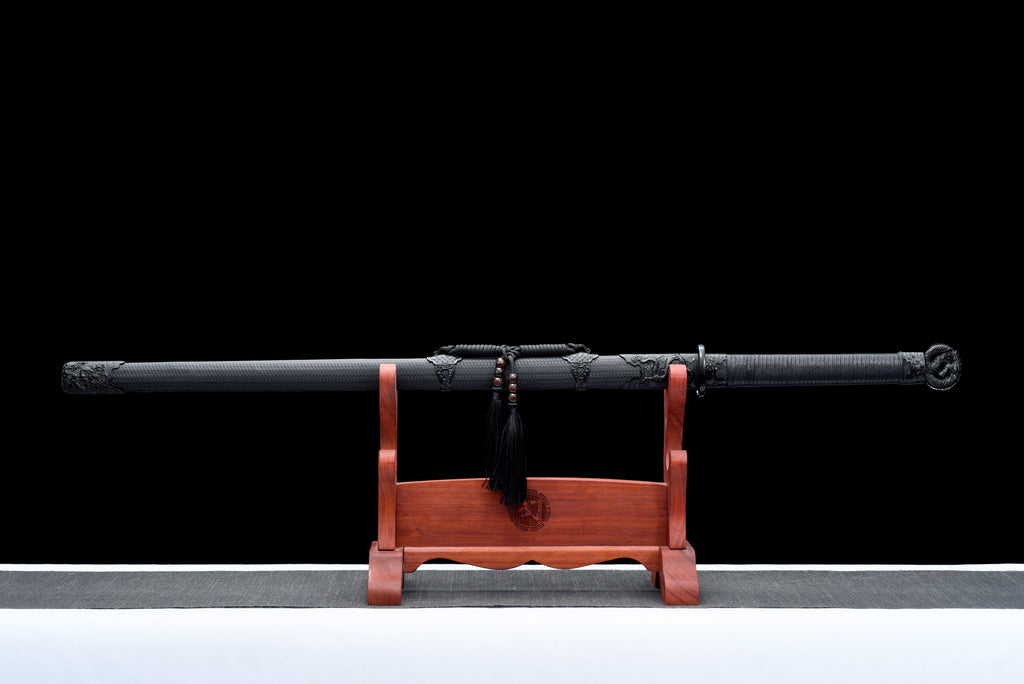 Handgefertigtes Ninjato-Schwert, Federstahl, Full Tang, schwarze Scheide - 107 cm, echtes Katana-Schwert