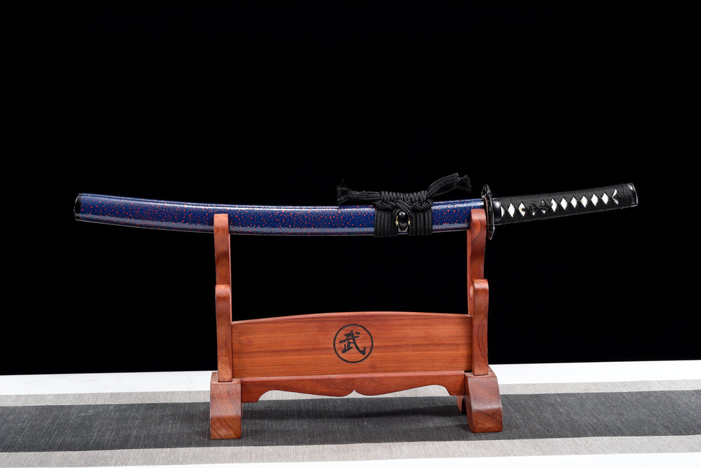 Handgefertigtes Wakizashi-Schwert, roter Damaszener-Stahl mit blauer Scheide – 79 cm, echtes Katana-Schwert