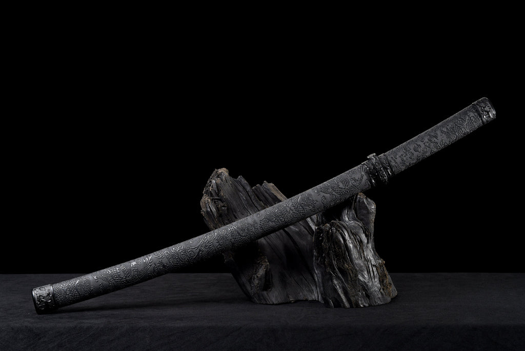 Handgefertigtes Wakizashi-Schwert aus rotem Damaszener Stahl mit schwarzer Lederscheide – 79 cm, echtes Katana-Schwert